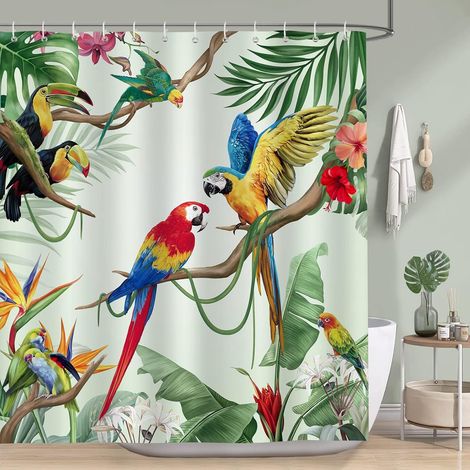 Rideau De Douche Oiseaux Tropicaux Perroquet Feuille Vert Rideau De Bain Pour Tissu Polyester Anti Moisissure Imperméable Lavable Rideaux Salle De Bain 180 X 200 Cm Avec 12 Crochets