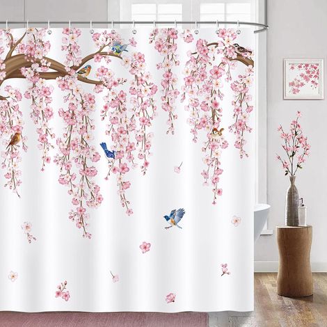 Rideau De Douche Fleurs Cerisier Rose Sakura Oiseaux Rideau De Bain Tissu Polyester Anti Moisissure Imperméable Lavable Rideaux Salle De Bain 180 X 180 Cm Avec 12 Crochets Pour Baignoire