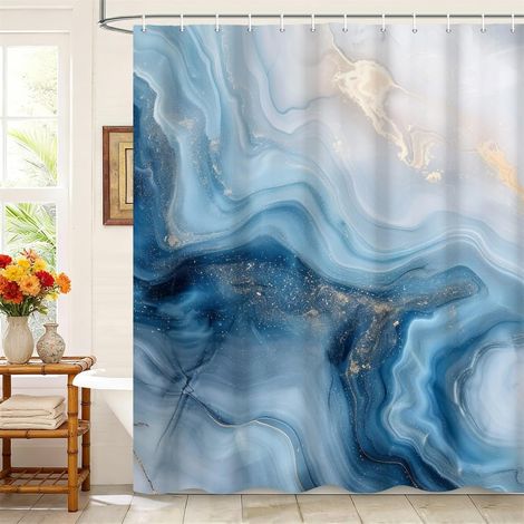 Rideaux De Douche 180x200cm Avec Crochets En Plastique, Imperméable Occlus Bleu Doré Laiteuse Vague D'Écoulement Motif D'Art Moderne Pour Le Baignoire, Tissu Polyester Pour Salle De Bain