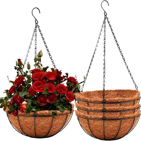 4 Pièces Pots À Suspendu 20cm Panier De Fleurs Ronds Suspendus De Doublure En Fibre De Coco Avec 40cm Chaîne
