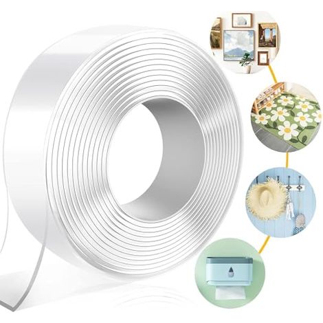 Ruban Adhésif Double Face Extra Fort, Accroche Tableau Sans Percer Puissant Transparent Multifonctionnel Réutilisable Lavable Pour Les Tapis Et Les Voitures (3m X 3cm X 2mm)