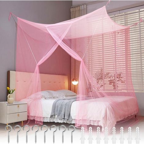 Moustiquaire Pour Lit De Voyage, Double Et Simple, Avec 8 Anneaux De Suspension, Rideau De Lit, À Mailles Fines, Pour La Maison Et Le Camping, Rose, 200 X 180 X 165 Cm