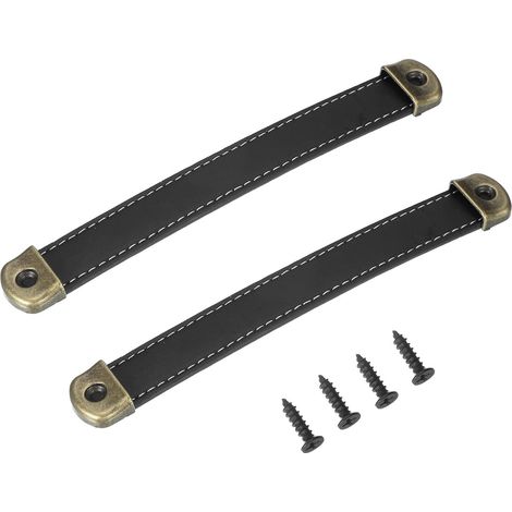 Poignées De Tiroir En Cuir 7" Avec Feuille De Fer, 2 Pièces Poignées De Malle En Bande De Cuir Boutons De Meuble Remplacement De Quincaillerie Avec Vis 18mms, Noir