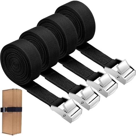 Sangle Arrimage, 4 Pièces, Kit De Fixation Avec Sangle De Serrage Boucle De Serrage, Sangles D'Arrimage, Sangles De Fixation Pour Vélo, Moto, Voiture, Bagages De Transport, Noir, 2m X 20mm