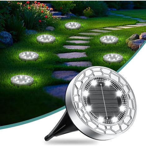 6 Piece Lampe Solaire Exterieur, 8 Led Lumiere Solaire Exterieur, Stainless Steel Led Lampe Solaire Exterieur Jardin, For Lawn, Driveway, Sidewalk, Patio, Blanc Froid