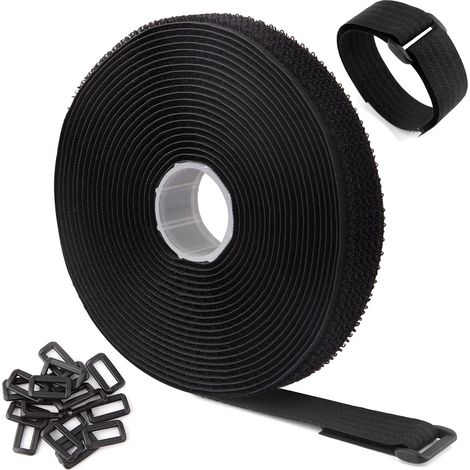Sangles/attaches De Câble Réutilisables Réglables Noires De 5m Avec 25 Boucles Et Sangle De Fixation À Crochet Pour La Gestion Des Câbles (5m X 2cm, Noir)
