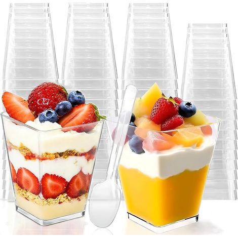 Lot De 50 Tasses À Dessert Carrées Transparentes De 160 Ml Avec 50 Cuillères, Faciles À Nettoyer, Réutilisables, Pour Gâteaux Moussants, Glaces, Desserts À La Maison, Pudding