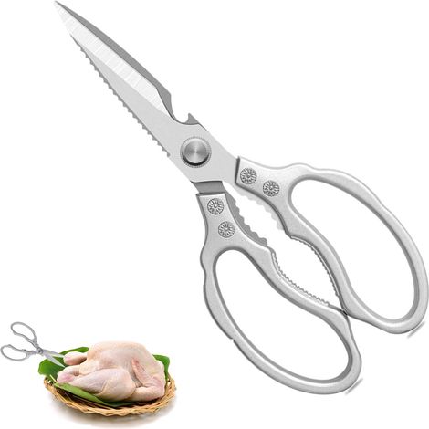 Ciseaux De Cuisine Robuste,5 En 1 Professionnel En Acier Inoxydable,poignée Ergonomique Et Lames En Titane,avec Fonction Dentelée,pour Maison,viande,verdure,poulet,poisson,herbe,noix,peef,argent