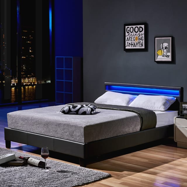 Home Deluxe - Led Bett Astro - Dunkelgrau, 140 X 200 Cm - Inkl. Lattenrost I Polsterbett Design Bett Inkl. Beleuchtung Led Polsterbett Bett Bettgestellt