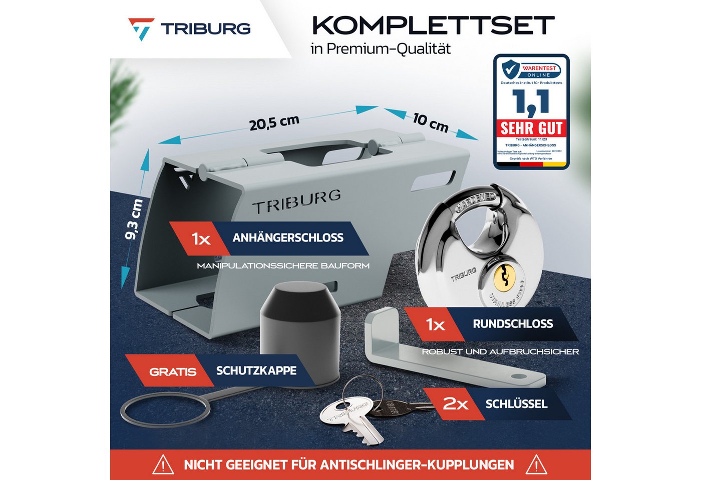 Triburg Anhängerschloss Inkl. Rundschloss [versicherungskonform] - Robuste Sicherung Für An- Und Abgekuppelten Anhänger - Deichselschloss [verzinkt I Pulverbeschichtet] + Gratis Ahk Schutzkappe