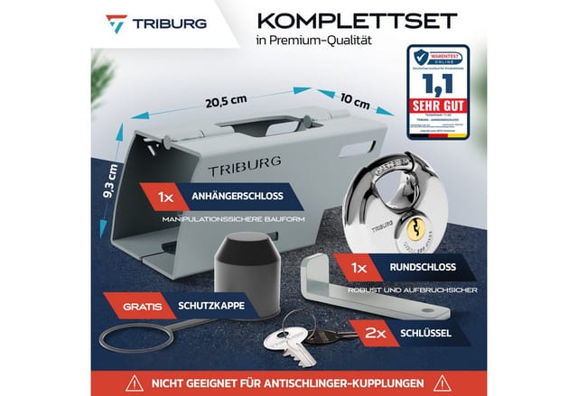 Triburg Anhängerschloss Inkl. Rundschloss [versicherungskonform] - Robuste Sicherung Für An- Und Abgekuppelten Anhänger - Deichselschloss [verzinkt I Pulverbeschichtet] + Gratis Ahk Schutzkappe