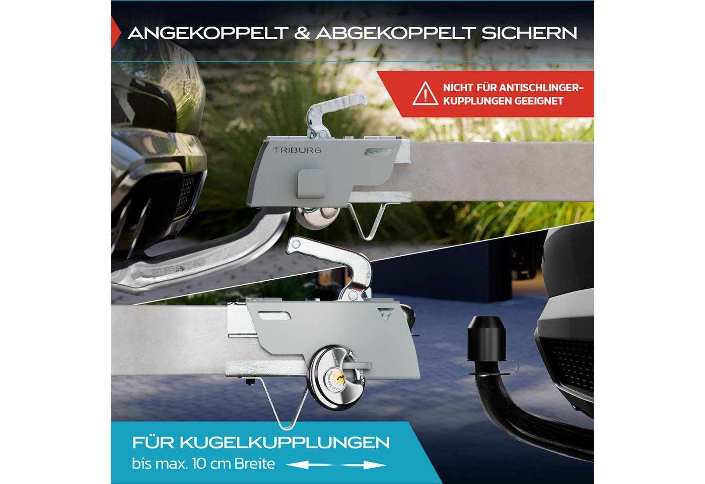 Triburg Anhängerschloss Inkl. Rundschloss [versicherungskonform] - Robuste Sicherung Für An- Und Abgekuppelten Anhänger - Deichselschloss [verzinkt I Pulverbeschichtet] + Gratis Ahk Schutzkappe Bild 2