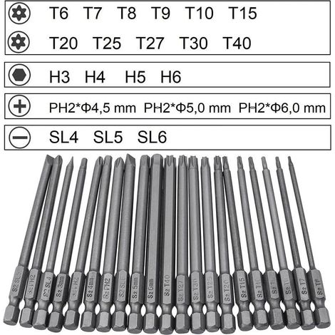 21-teiliges Schraubendreher-bit-set – 100 Mm Magnetische Bits – Torx T6–t40, Innensechskant 3–6 Mm, Kreuzschlitz Ph2, Schlitz 4–6 Mm – Stahl S2