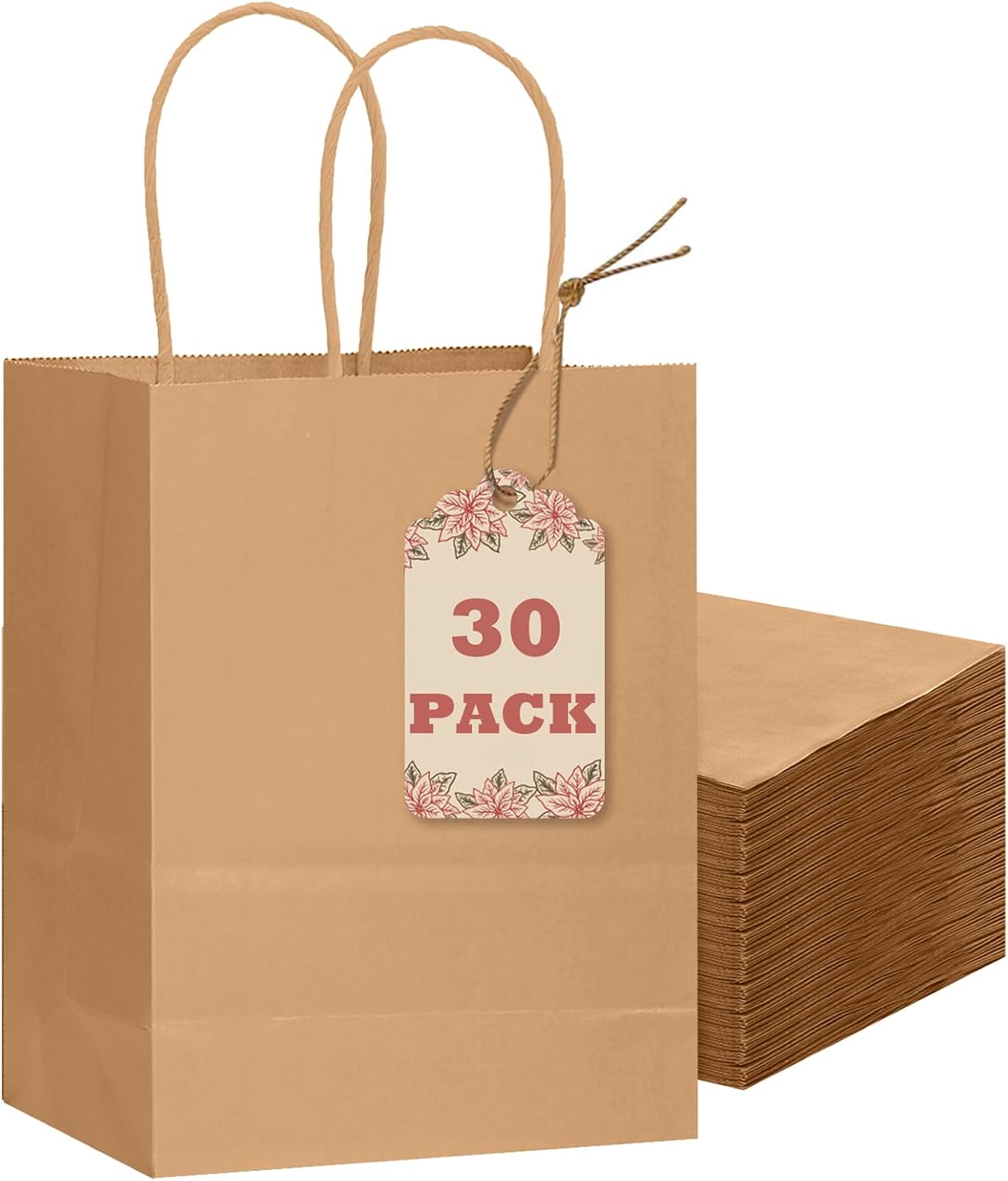 Geschenktüten – 30er-pack – Braunes Kraftpapier – Mit Henkeln – Kleine Größe – 21 X 8 X 15 Cm