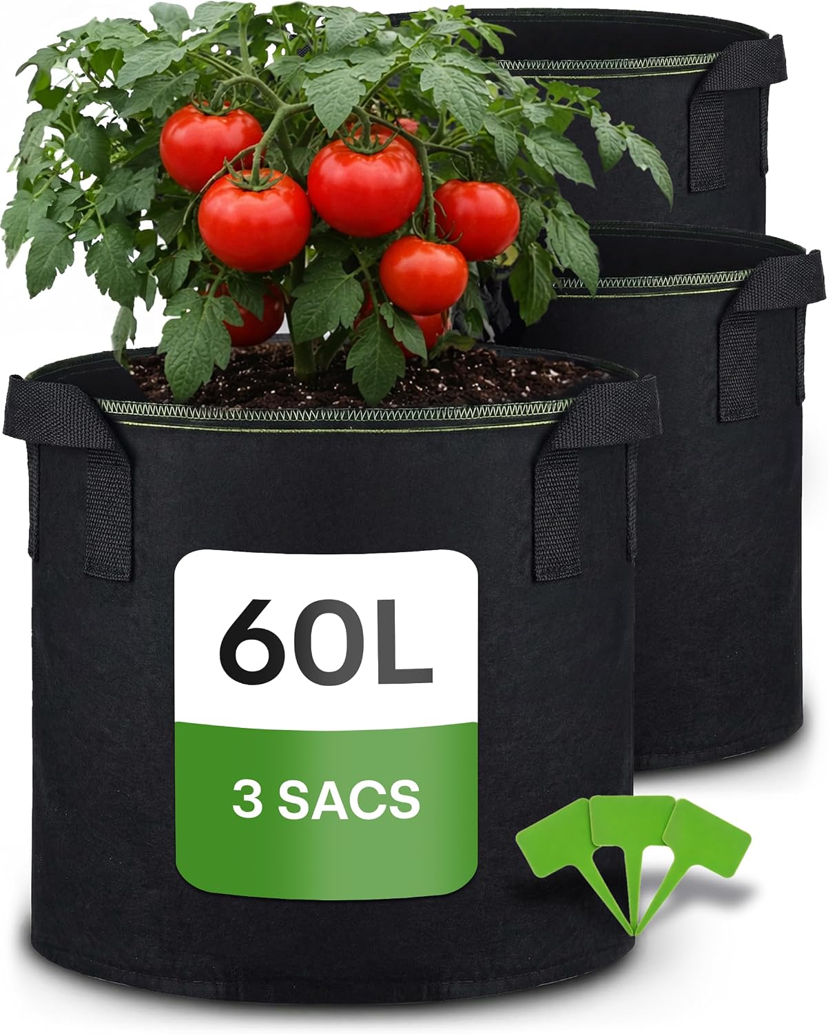 Pflanzsäcke – 3er-set – 60 L – Vliesstoff – Mit Griffen Und Etiketten – Für Garten Und Balkon