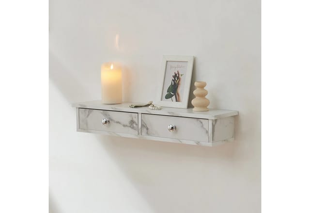 [en.casa] - Wandregal Geeste 60x15x10 Cm Mit 2 Schubladen Marmoroptik, Weiß