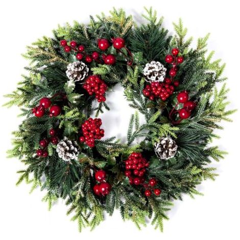 Bunthaus Pa Aiperq Christmas Wreath - 15 Inch Artificial Christmas Door Wreath With Red Fruits, Pine Cones Christmas Decorations