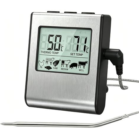 Thermometre Cuisine Pour Viande Numérique Avec Sonde, Large Écran Lcd, Thermomètre Cuisson Barbecue Avec Minuteur Pour Fumoir, Grill