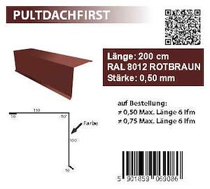 Pultdachfirst 110x100 Mm L 2000mm, Ral 8012, 0,50mm