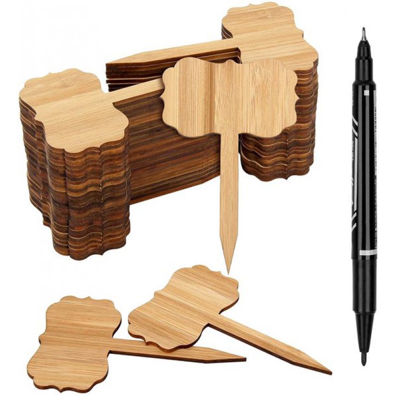 Oloey 60 Bambus-pflanzenetiketten Mit 1 Marker – Umweltfreundliche T-förmige Pflanzenstützen Aus Holz – Dekorative Gartenetiketten, Ideal Für Saatgut, Topfkräuter, Blumen Und Gemüse (6 X 10 Cm)