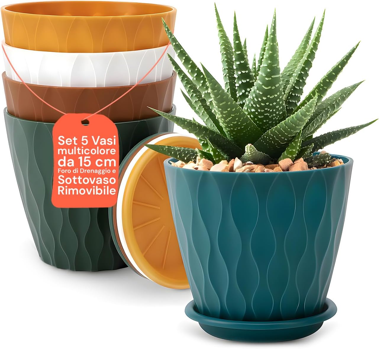 5er-set Blumentöpfe – 15 Cm – Kunststoff – Mit Abflussloch Und Untersetzer – Für Innenräume Und Büros – Mehrfarbig