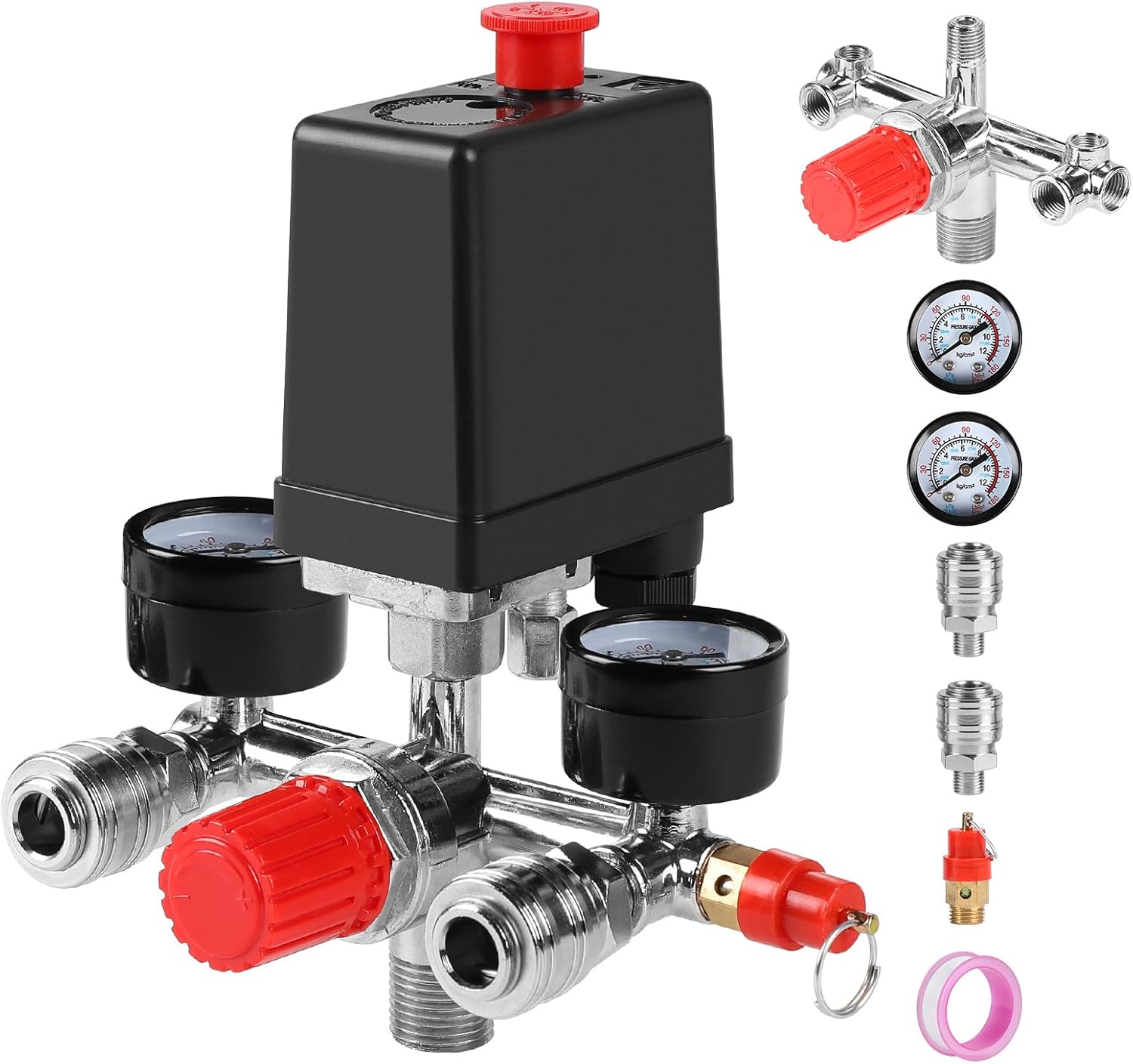 240-v-druckschalter Und Druckregler Für Luftkompressoren Mit Manometer, Sicherheitsventil Und Anschlüssen (90–120 Psi).