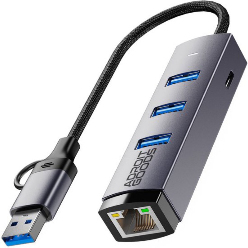 Usb-c/a-hub Mit Gigabit-ethernet Und 3 Usb-3.0-anschlüssen – 1000 Mbit/s – Hochgeschwindigkeits-lan-adapter – Aluminium – Stabile Internetverbindung Und Datenübertragung