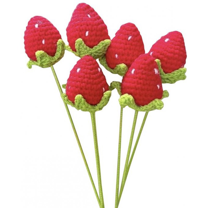 Ein Handgestrickter Strauß Aus 6 Gehäkelten Blumen, Darunter Handgestrickte Erdbeeren Und Kunstwollblumen, Ideal Für Partys, Geburtstage, Hochzeiten Und Als Dekoration Für Zuhause.