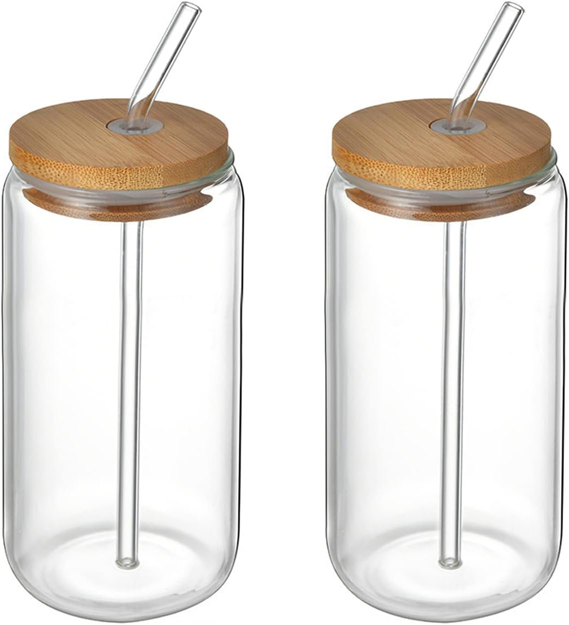 Set Mit 2 Trinkgläsern Mit Bambusdeckeln Und Glasstrohhalmen – 580 Ml – Dosenform – Für Zuhause, Partys, Cocktails, Whisky, Wein