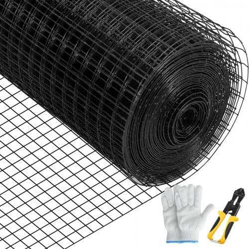 Volierendraht 91 X 1524 Cm, Maschendraht, Verzinkter Mit Vinyl Beschichteter 16-gauge-draht Mit Einer Schneidezange Und Einem Paar Stoffhandschuhen, Für Gartenzäune Und Haustiergehege, Schwarz