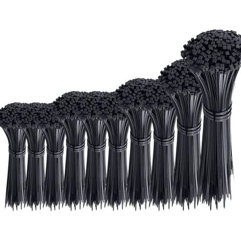 Lot De 1000 Attaches De Câble Noires En Nylon Rilsan – Assortiment 100/150/200/250/300 Mm – 3/4 Mm Largeur Pour Gestion Câbles