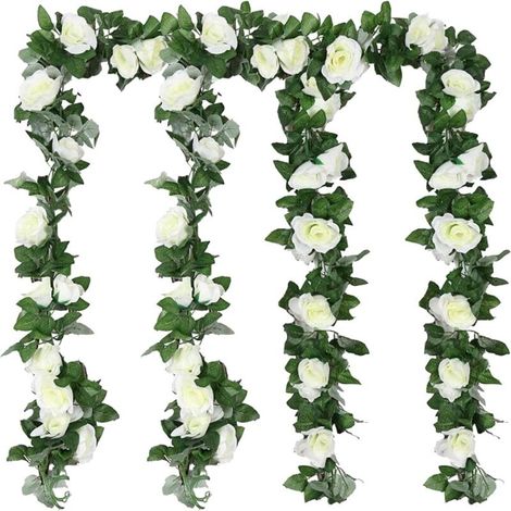 ​guirlande Fleur Artificis Rose Vigne Decoration Mariage, 4 Pcs Soie Fleur Décoration Fausse Plante Suspendues Florale Pour Fête Jardin Maison Arc Cérémonie Mur Exterieur(blanc)