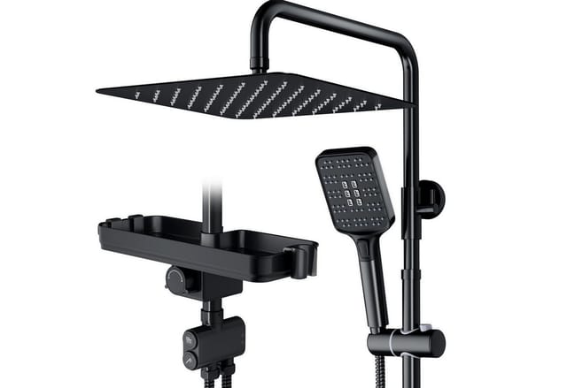 Rainsworth - Quadratisches Duschset Mit Doppelfunktion (30,48 Cm) Mit Schwarzen Metallischen Tasten Und Ablageboden