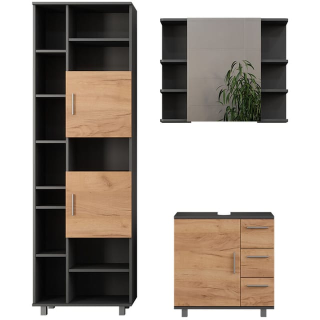 Vicco - Badmöbel-set Ilias, Anthrazit/goldkraft Eiche, 3 Teile, Mit Badschrank 190 Cm