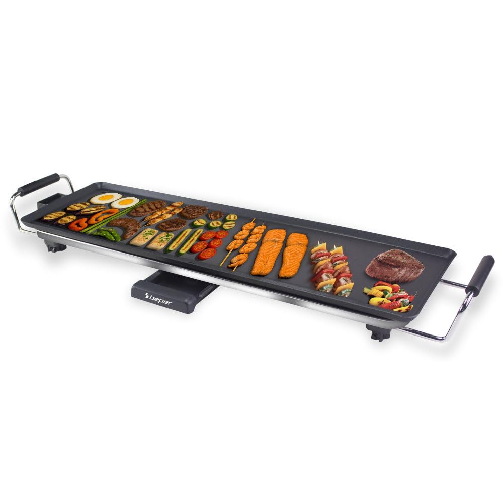 Beper P101bbq070 Xl Elektrische Teppanyaki-platte 70 X 23 Cm, Antihaftbeschichtung Mit Einstellbarem Thermostat, Hitzeisolierte Griffe, Fettauffangschale Und Abnehmbares Kabel, 2000 W, Bpa- Und Pfos-f