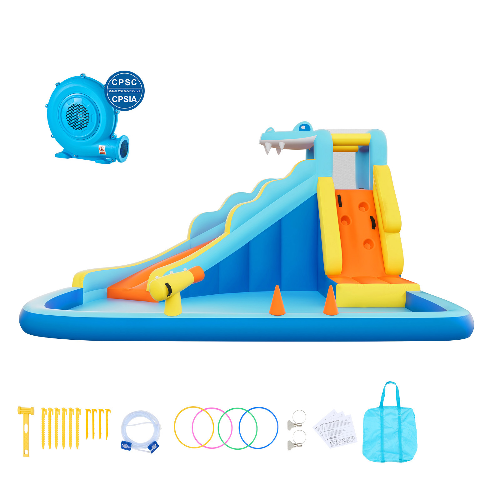 Mophorn Aufblasbare Wasserhüpfburg Für Den Außenbereich, Hüpfburg Mit Rutsche Im Krokodil-design, Kletterwand, Planschbecken Und Wasserringwurfspiel, Für 3–4 Kinder Im Alter Von 3 Bis 8 Jahren