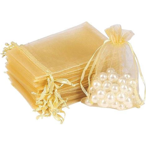 Lot De 100 Sachets En Organza, Pour Emballage De Bonbons, Cadeaux De Mariage, Fêtes, Dorés, (grands Et Petits)