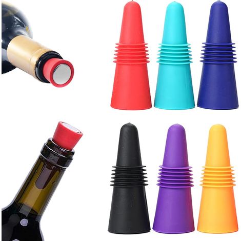 Paquet De 6 Bouchons Bouteille Pour Vin Et Champagne, Silicone, Six Couleurs - Pour Garder Le Vin Frais