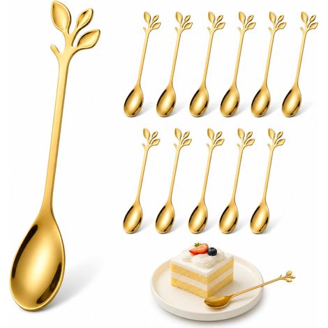 12 Pièces Petite Cuillère À Dessert En Acier Inoxydable, Mini Cuillere Design Feuille Branche 12 Cm, Cuillère À Café Expresso Réutilisable Pour Thé, Lait, Dessert, Cuisine Et Café