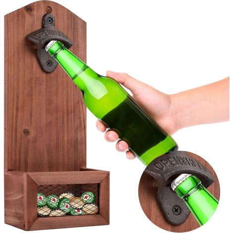 Bouteilles Mural En Bois Vintage, Décapsuleur Avec Récupérateur De Bouchons, Multifonction Pour Maison, Bar Et Terrasse