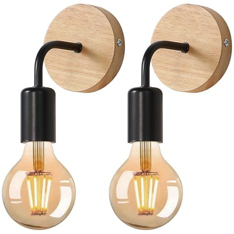 2 Pièces Appliques Murales Industrielles Vintage, Lampe Murale Bois, E27 Rétro Luminaire Interieur Pour Chambre Couloir Salon, Noir