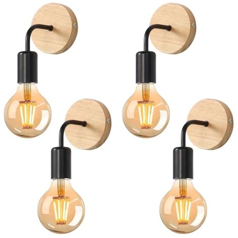 4 Pièces Appliques Murales Industrielles Vintage, Lampe Murale Bois, E27 Rétro Luminaire Interieur Pour Chambre Couloir Salon, Noir