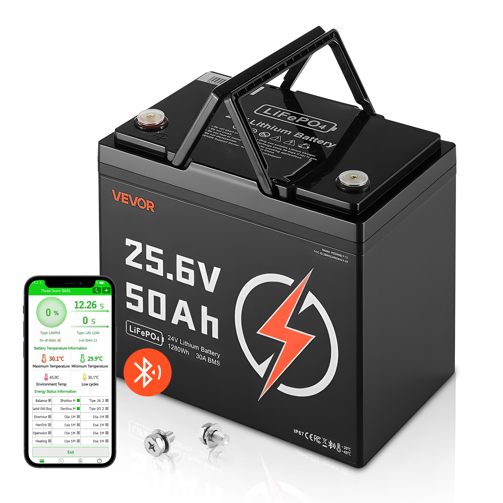 Vevor 24 V 50 Ah Lifepo4 Lithiumbatterie, Bluetooth, Deep Cycle Lithium-akku, Eingebautes 30 A Bms, Untertemperaturschutz, 4000+ Zyklen, Max. 1280 Wh, Für Wohnmobil, Camper, Trolling-motoren, Marine