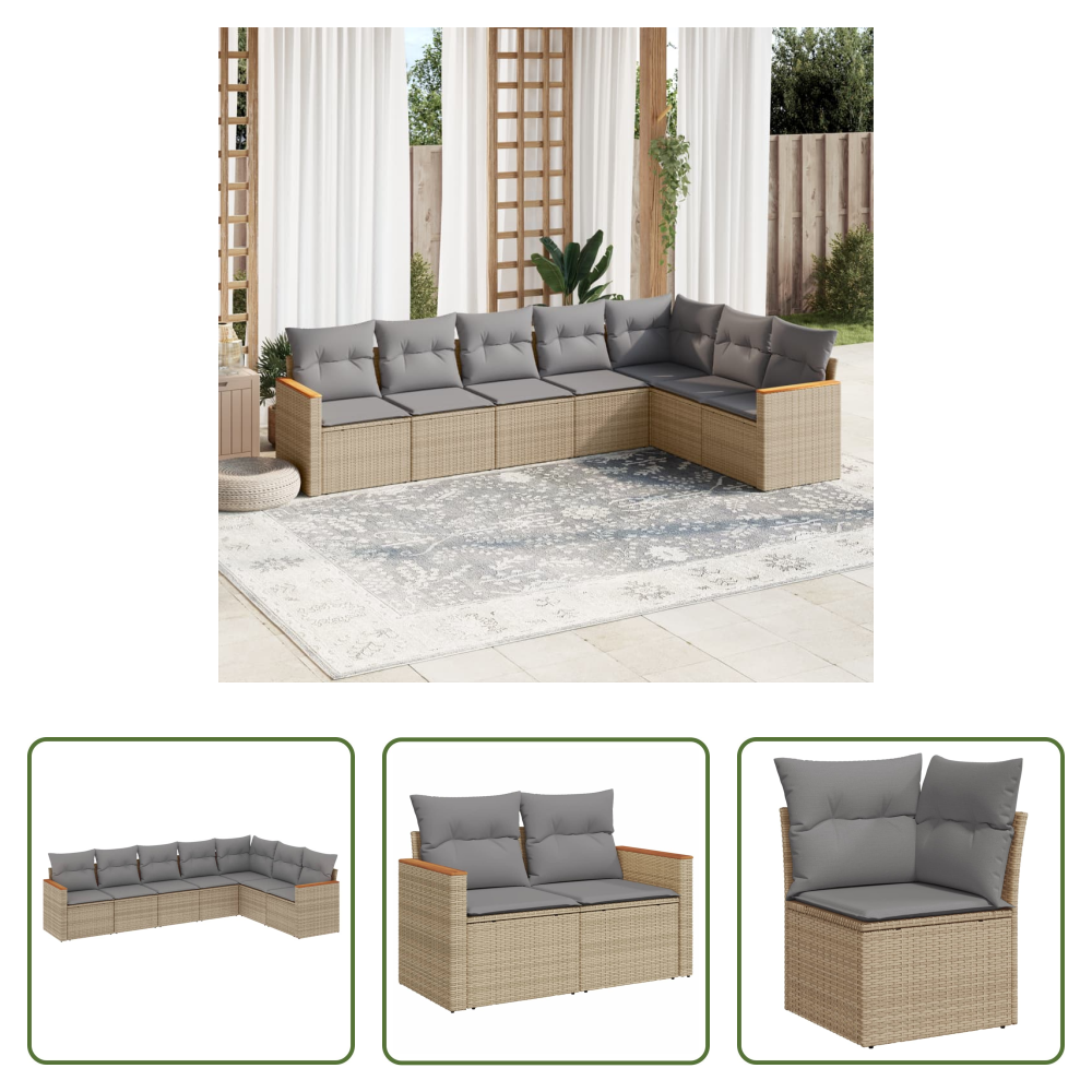 Vidaxl Rattan - 7-tlg. Garten-sofagarnitur Mit Kissen Beige Poly Rattan