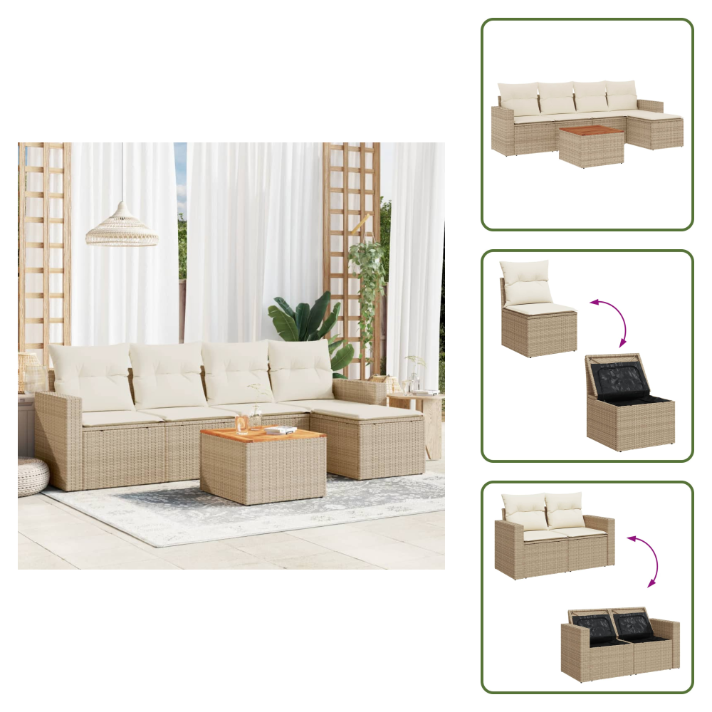 The Living Store 6-tlg. Garten-sofagarnitur Mit Kissen Beige Poly Rattan - Gartenmöbel - Outdoor Möbel - Rattan Gartenmöbel - Lounge Set - Esstisch