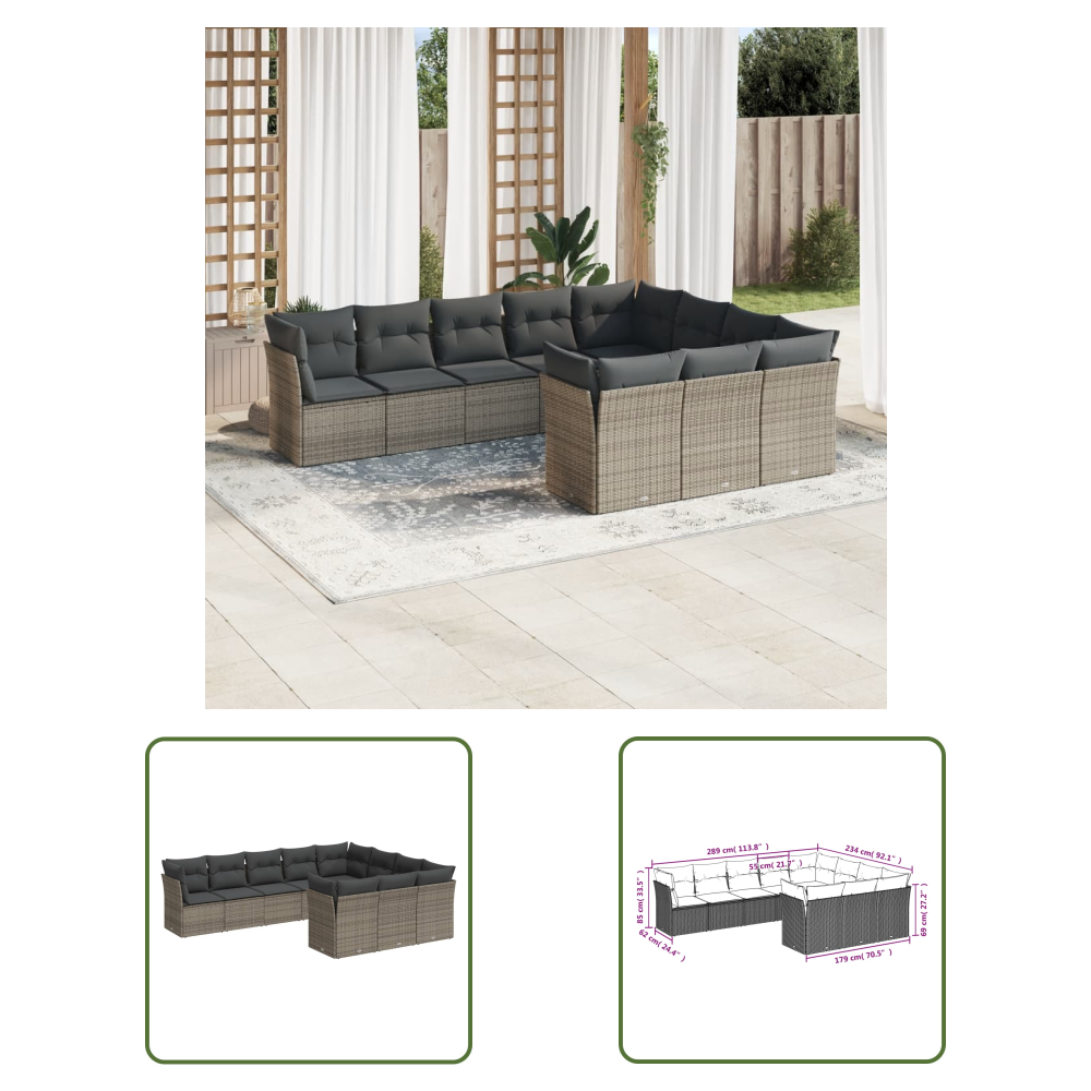 The Living Store 10-tlg. Garten-sofagarnitur Mit Kissen Grau Poly Rattan - Gartengeset - Gartenmöbelset - Lounge Set - Rattan Möbel - Gartenlounge