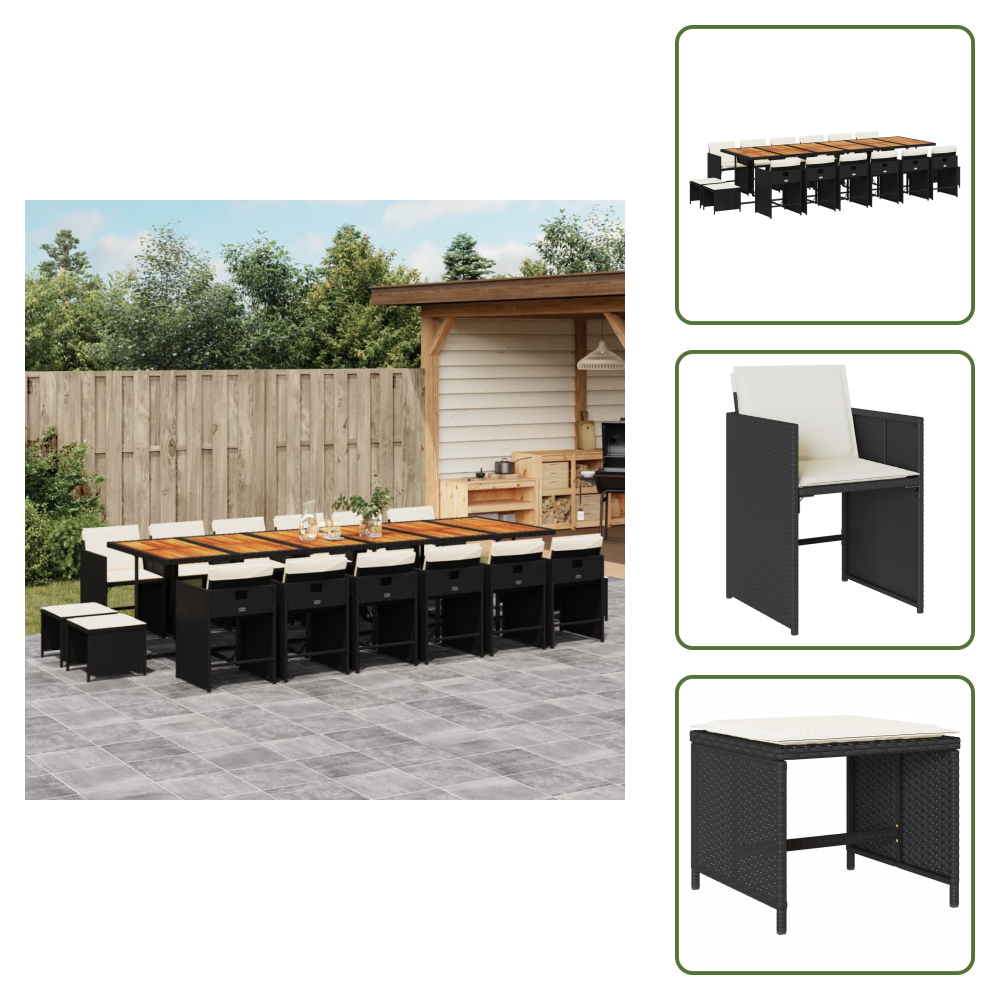 The Living Store 17-tlg. Garten-essgruppe Mit Kissen Schwarz Poly Rattan - Gartenmöbel Set - Essgruppenset - Gartentisch - Gartenstühle - Gartenhocker