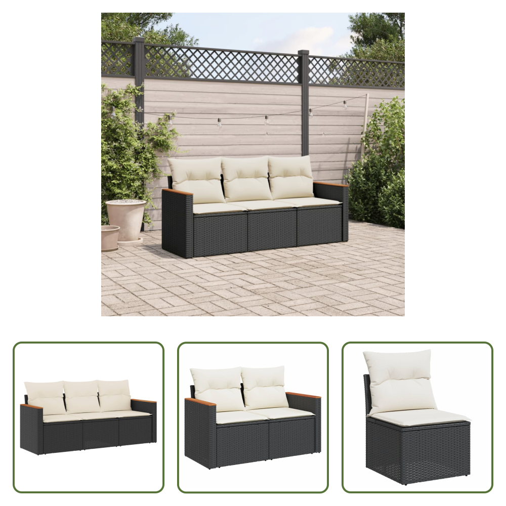 Vidaxl Rattan - 3-tlg. Garten-sofagarnitur Mit Kissen Schwarz Poly Rattan