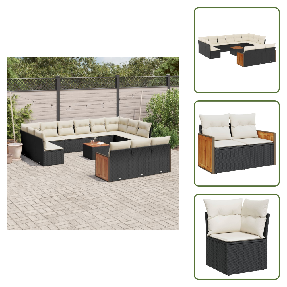 The Living Store 14-tlg. Garten-sofagarnitur Mit Kissen Schwarz Poly Rattan - Gartenmöbel Set - Outdoor Möbel - Rattan Gartenset - Lounge Set - Esstisch Set