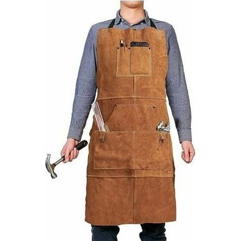 Hitzebeständige Lederschürze – 6 Werkzeugtaschen – Verstellbare Schweißerschürze (größen M Bis Xxl) – Knieschutz Für Holzbearbeitung Und Schweißen